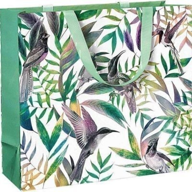 Humming Bird Gift Bag - Samora Large by Stewo A beautiful contemporary Hummingbird patterned Samora gift bag by Swiss designer Stewo. This gift bag is made from metallised paper and has mint green ribbon handles. This bag has all the quality and detailing you would expect from Stewo. Size 33x30x12cm